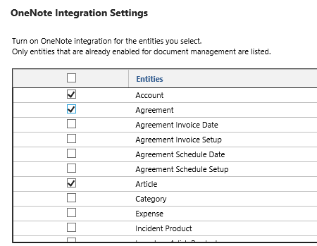 Microsoft Dynamics CRM OneNote Integration Settings